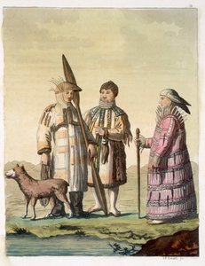 Alaskan homens e mulheres vestidos para a pesca (gravura de cor)